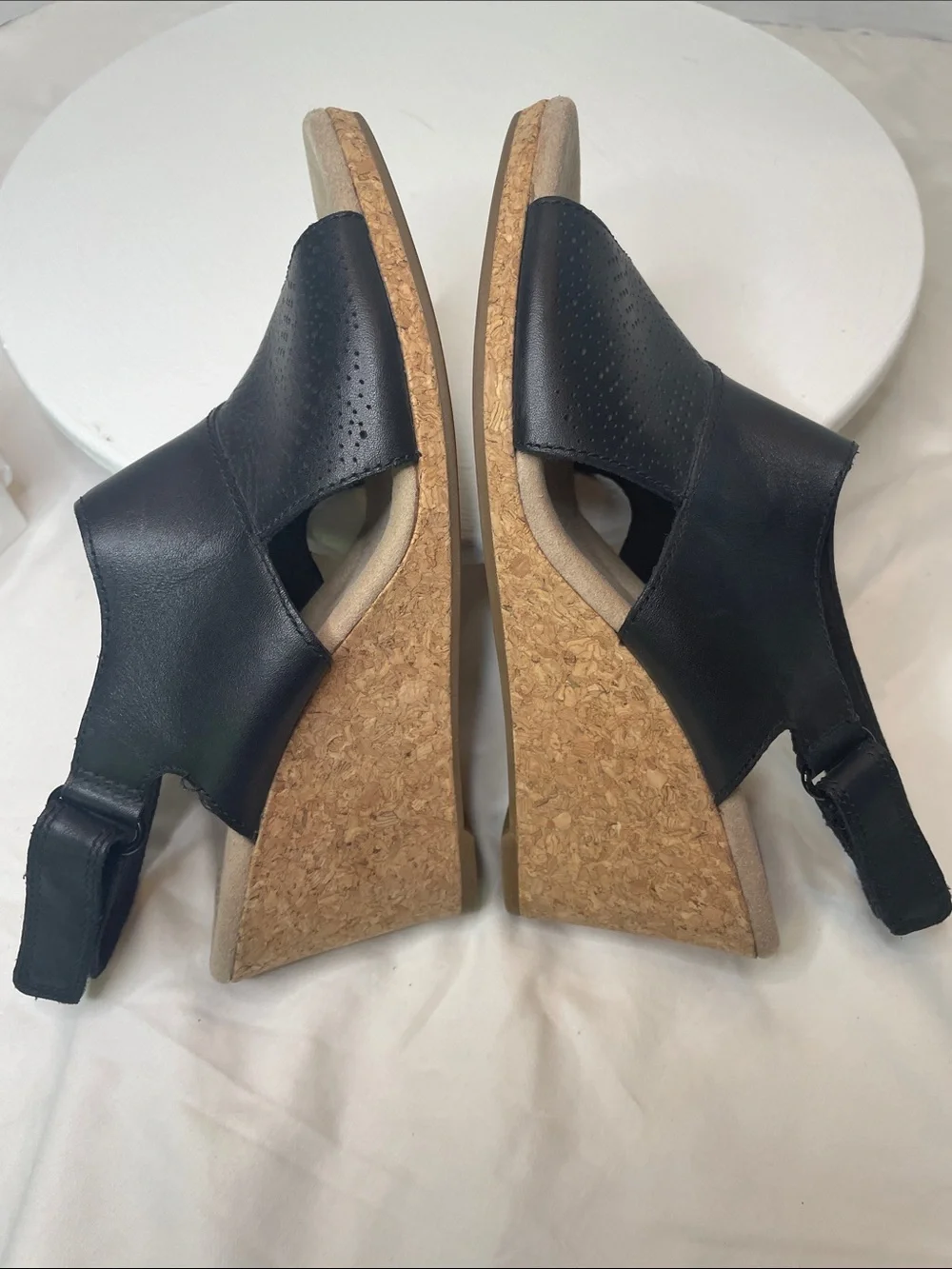 Clarks Black Leather Cork Wedge Slingback Sandals